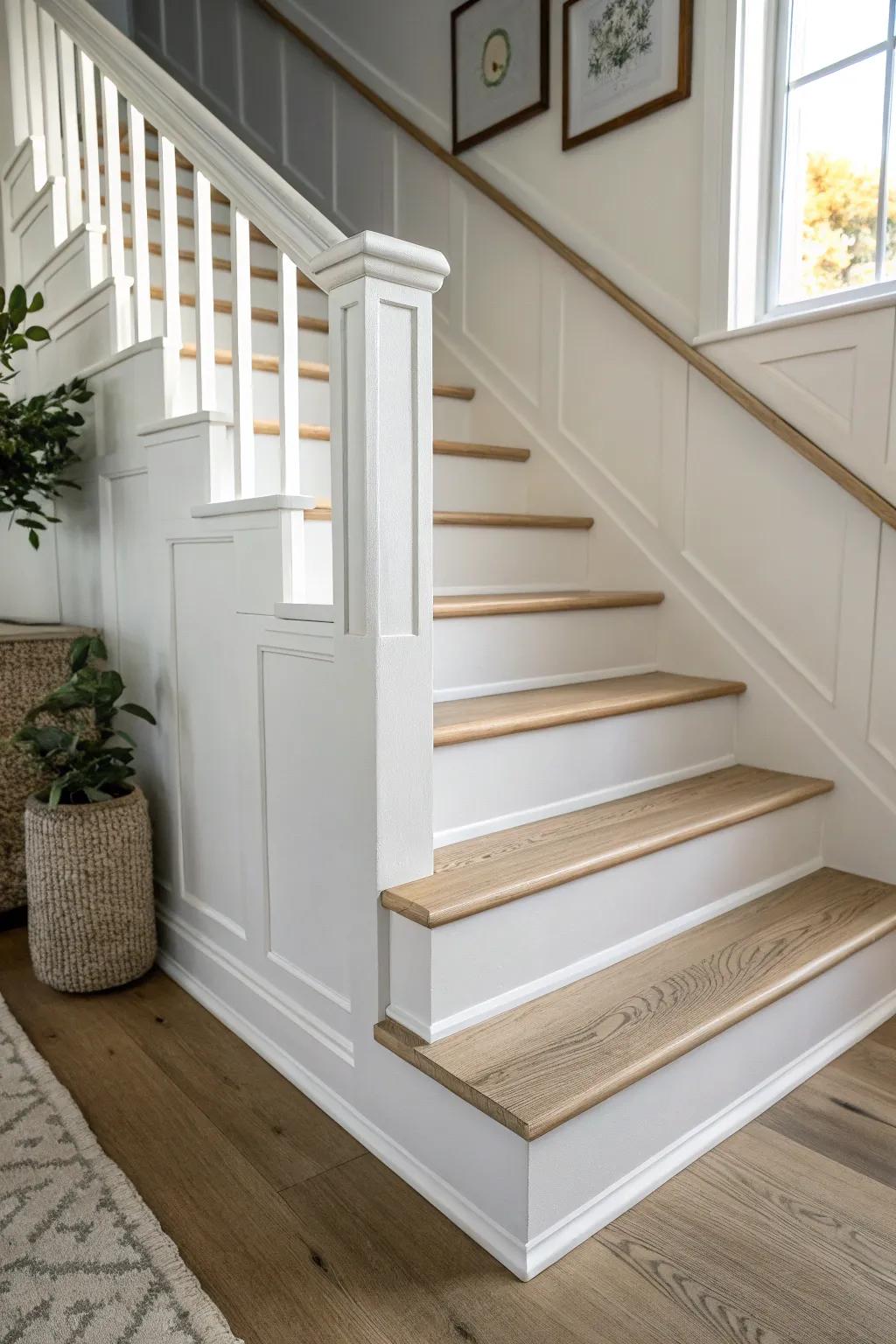 Picture frame molding on stair risers for a tailored, architectural look with subtle depth.