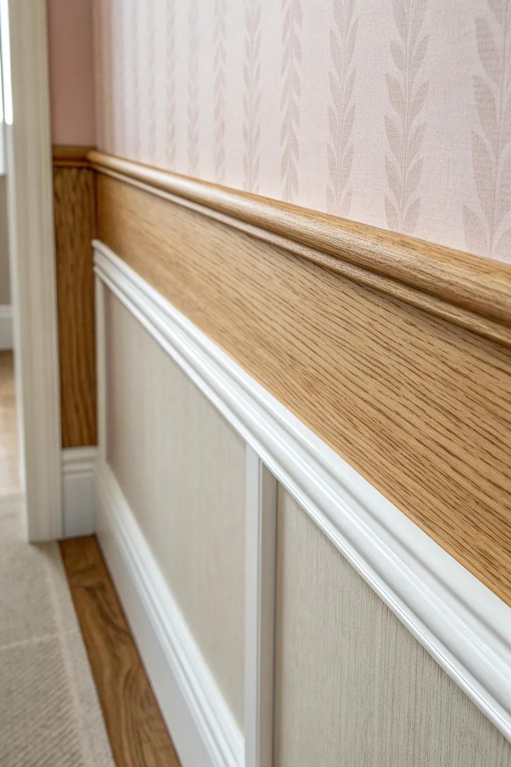 A simple oak chair rail neatly splitting paint and wallpaper for an instantly taller feel.