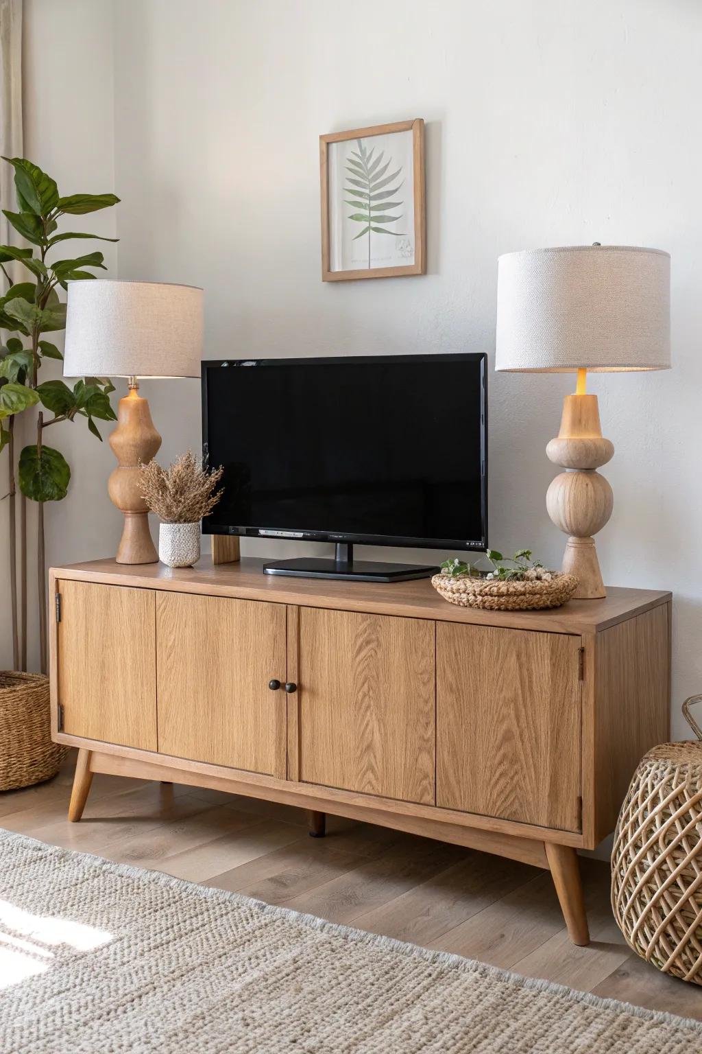 Balanced symmetry: matching lamps frame the TV for a calm, polished sideboard moment.