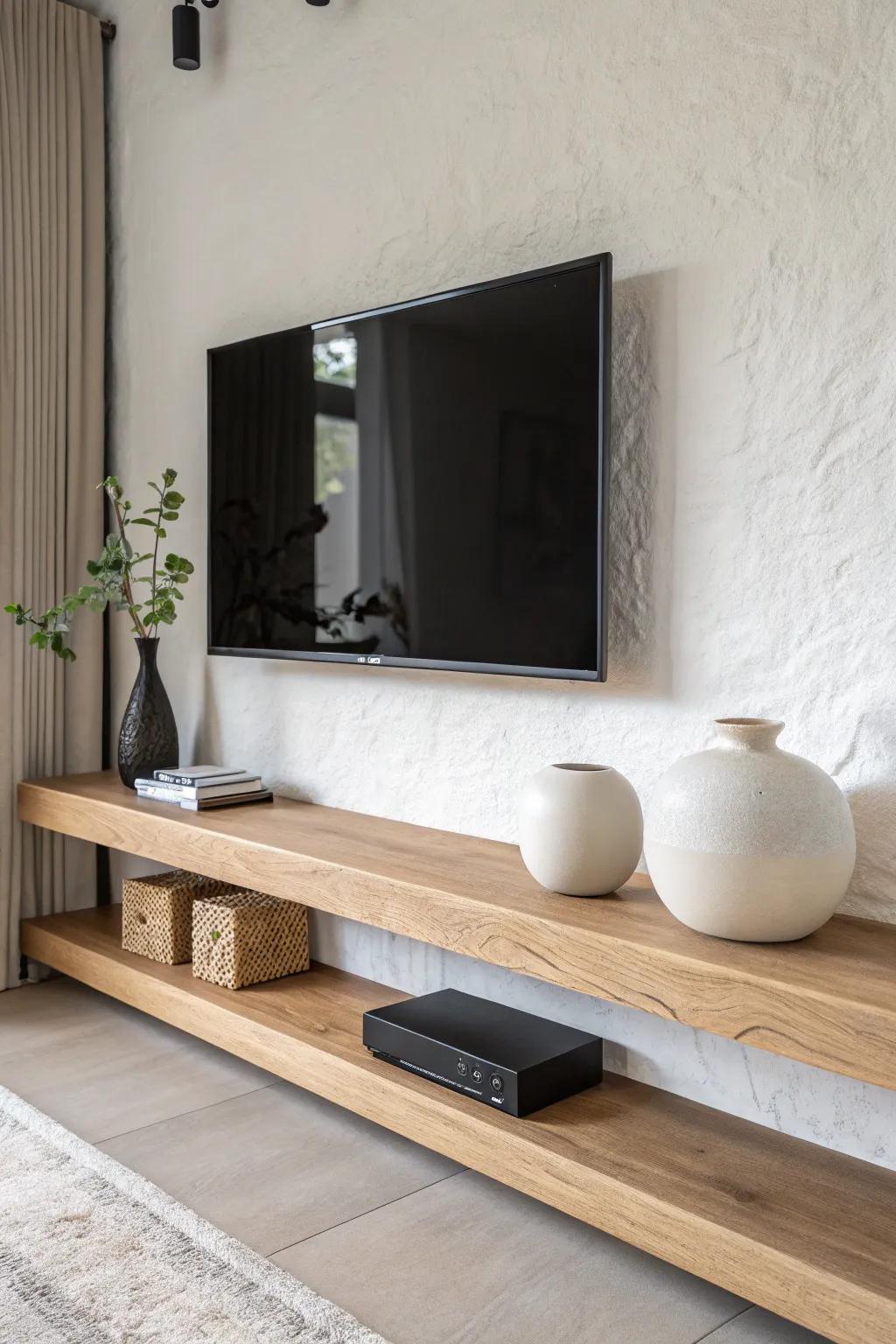 A floating oak shelf under a mounted TV—light, modern, and built strong with hidden brackets.