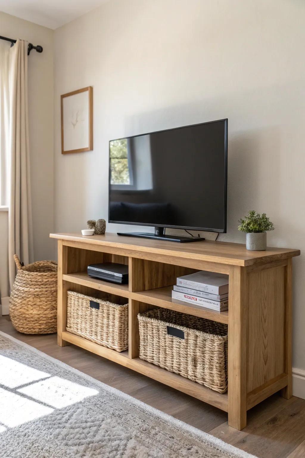 Open-shelf oak TV stand with woven baskets—airy storage that keeps a small living room light.