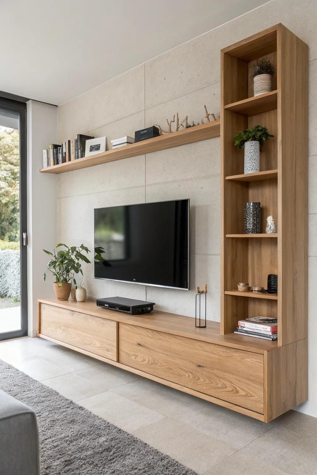 Asymmetrical oak wall unit with floating shelves—modern TV styling with airy Scandinavian calm.