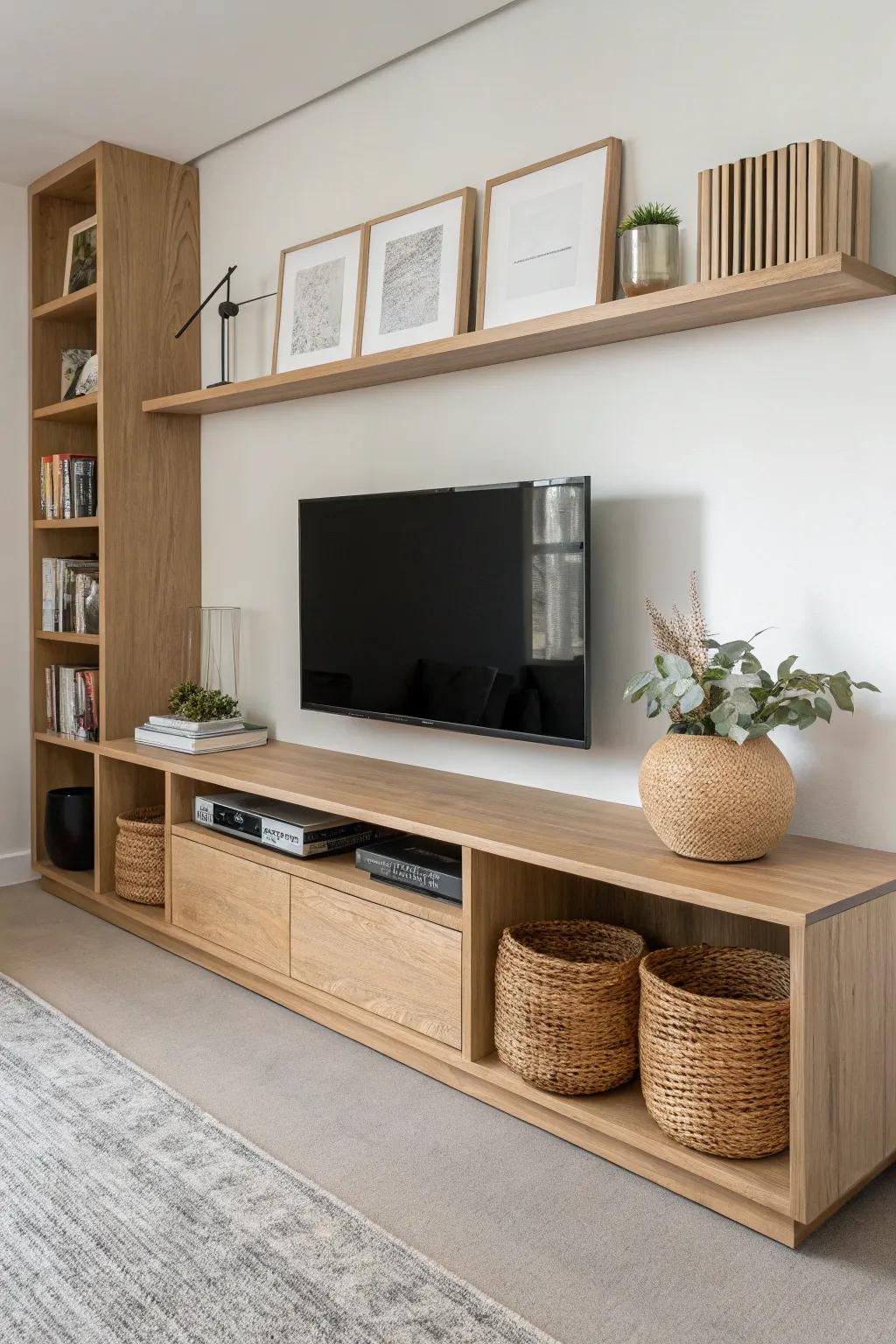 Low media shelf with flanking side shelves—clean lines, hidden cables, cozy boho texture.