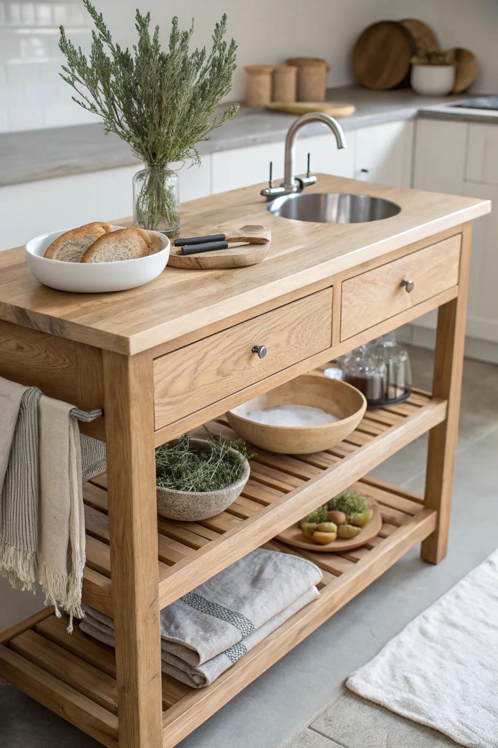 Prep below, serve above: a two-tier island that hides the mess and highlights the moment.