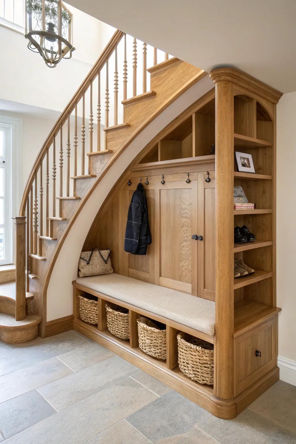Curved-stair mudroom cubbies in pale oak—bench, baskets, and hooks with calm contrast.