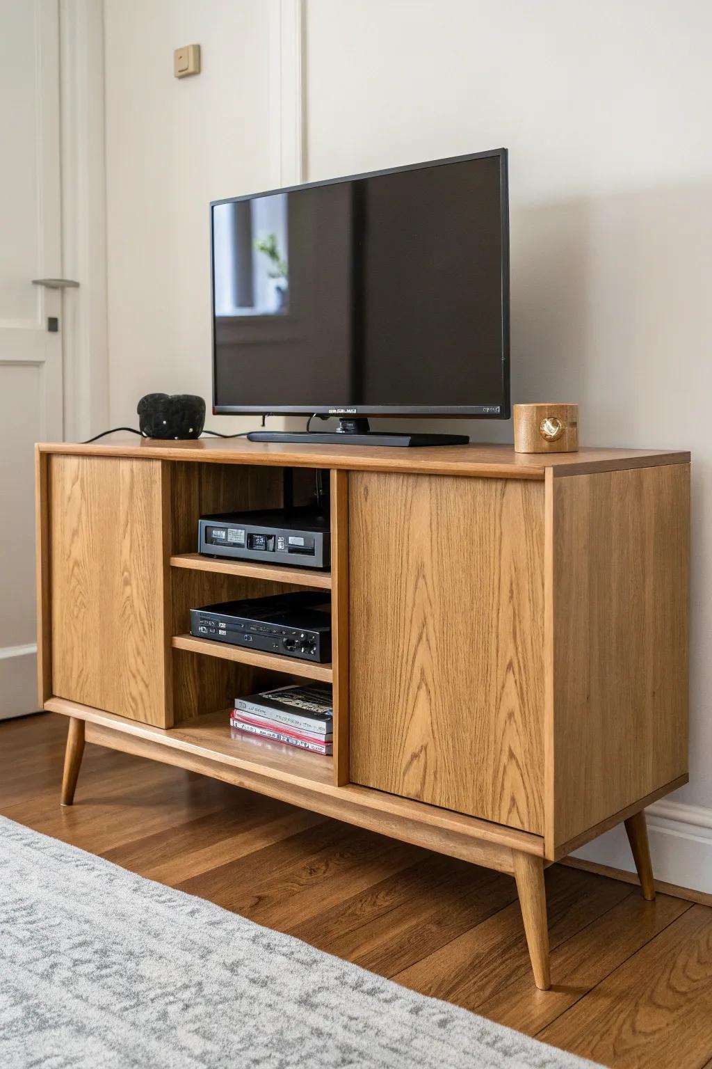 A rescued sideboard becomes the perfect under‑TV storage—warm wood, long lines, hidden shelves.