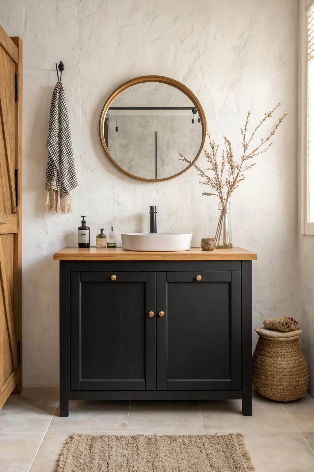Matte black base + warm oak countertop: a custom-looking two-tone vanity with timeless contrast.