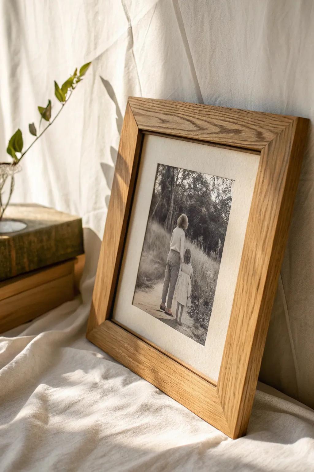 Oversized mat, tiny photo—an instant gallery look with handcrafted wood and airy negative space.