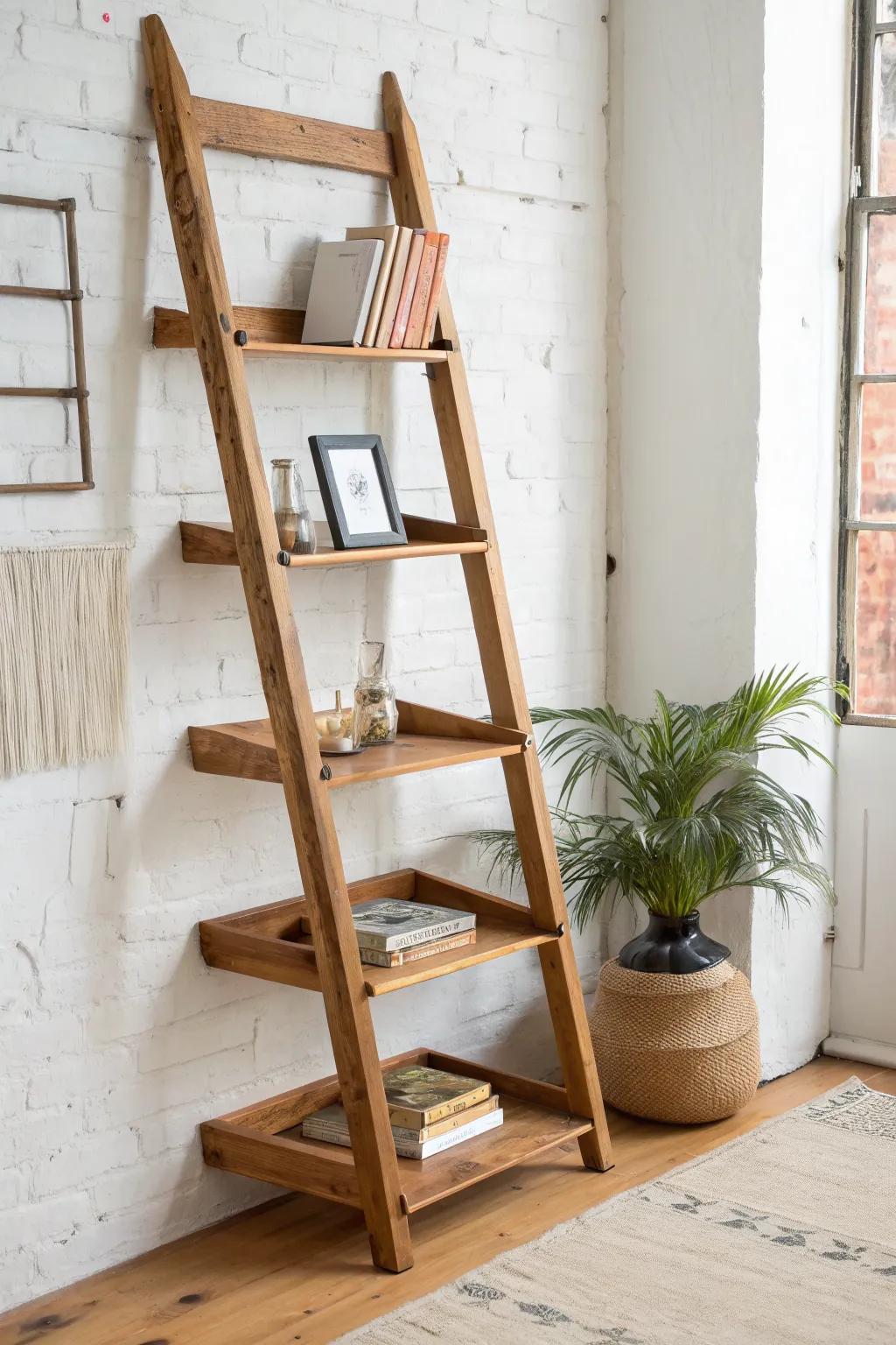 Leaning ladder bookshelf from salvaged wood—minimal lines, rustic edges, timeless warmth.