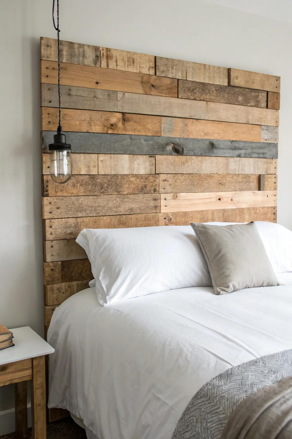 Pallet board patchwork headboard with varied tones—smooth, splinter-free, and beautifully bold.