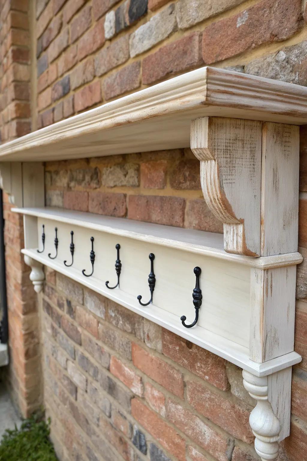 Turn a vintage headboard into a chic coat rack shelf—spindles, hooks, and airy entryway charm.