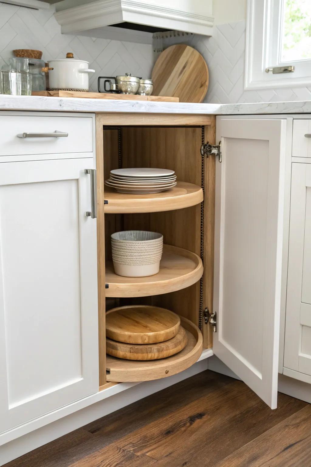 Create front-and-back zones: a wooden corner turntable keeps weekly grabs in easy reach.