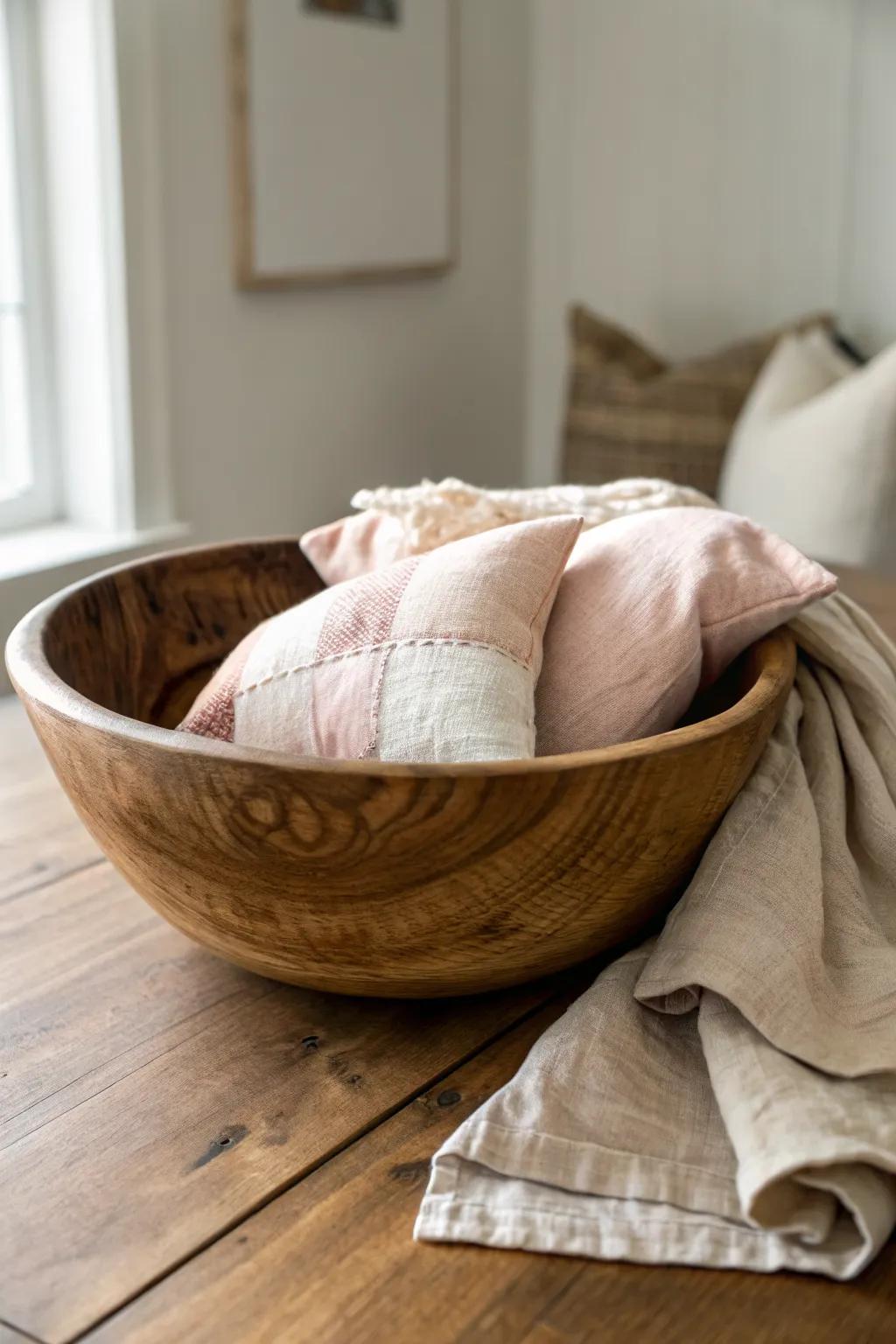Hand-carved dough bowl with linen and handmade fabric hearts for a soft, minimalist Valentine look.