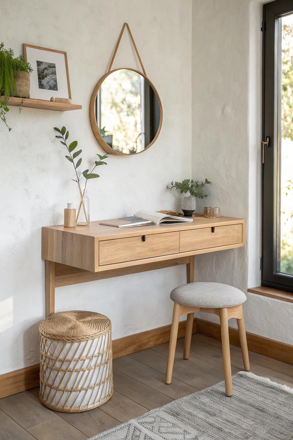 Airy floating oak vanity desk with a slim drawer—Scandi minimalism with a soft boho glow.
