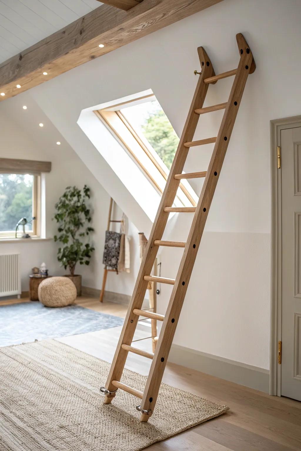 A space-saving rolling wood ladder that keeps a vaulted-ceiling loft light and airy.