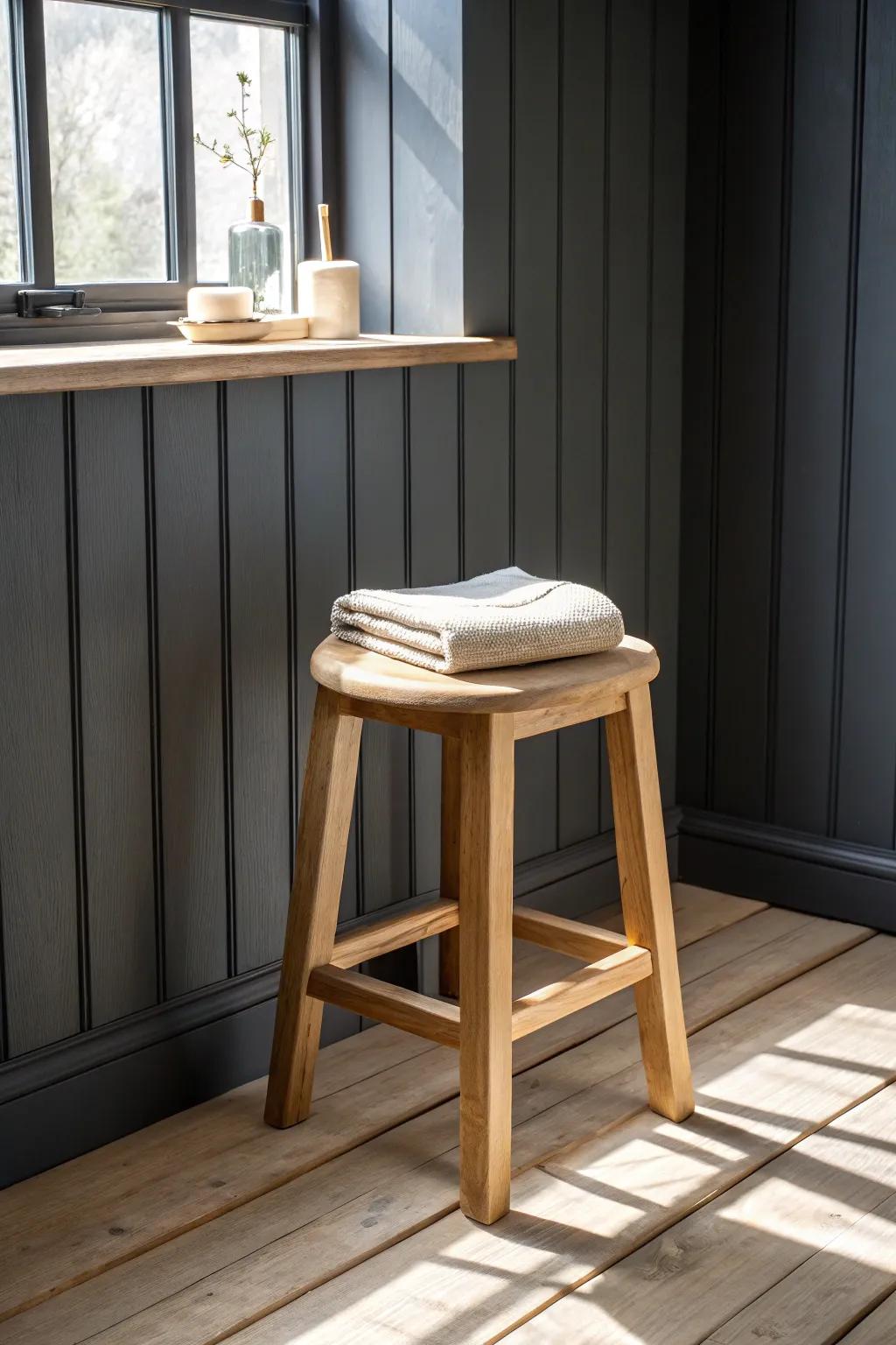 Charcoal vertical shiplap meets warm oak—moody bathroom drama with handcrafted simplicity.