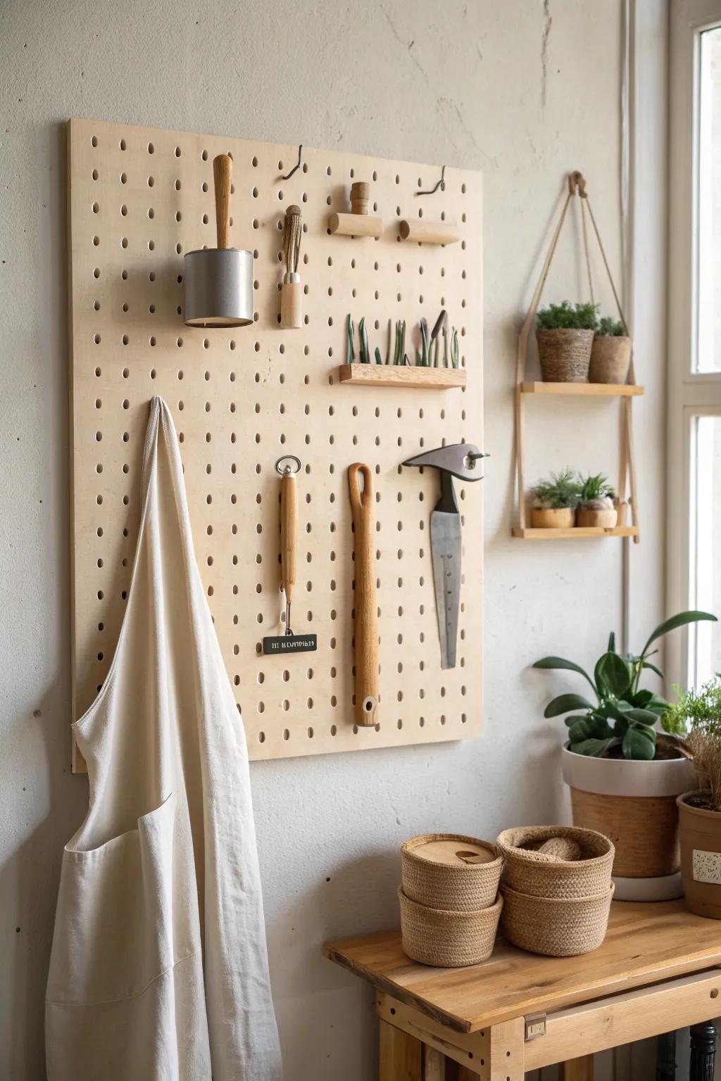 A framed pegboard wall that stacks tools upward—beautiful, calm, and space-saving.