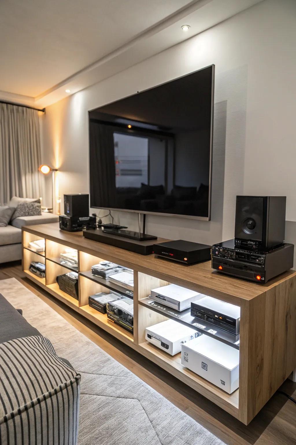 Transform your living room into the ultimate gaming haven with this stylish entertainment center setup.