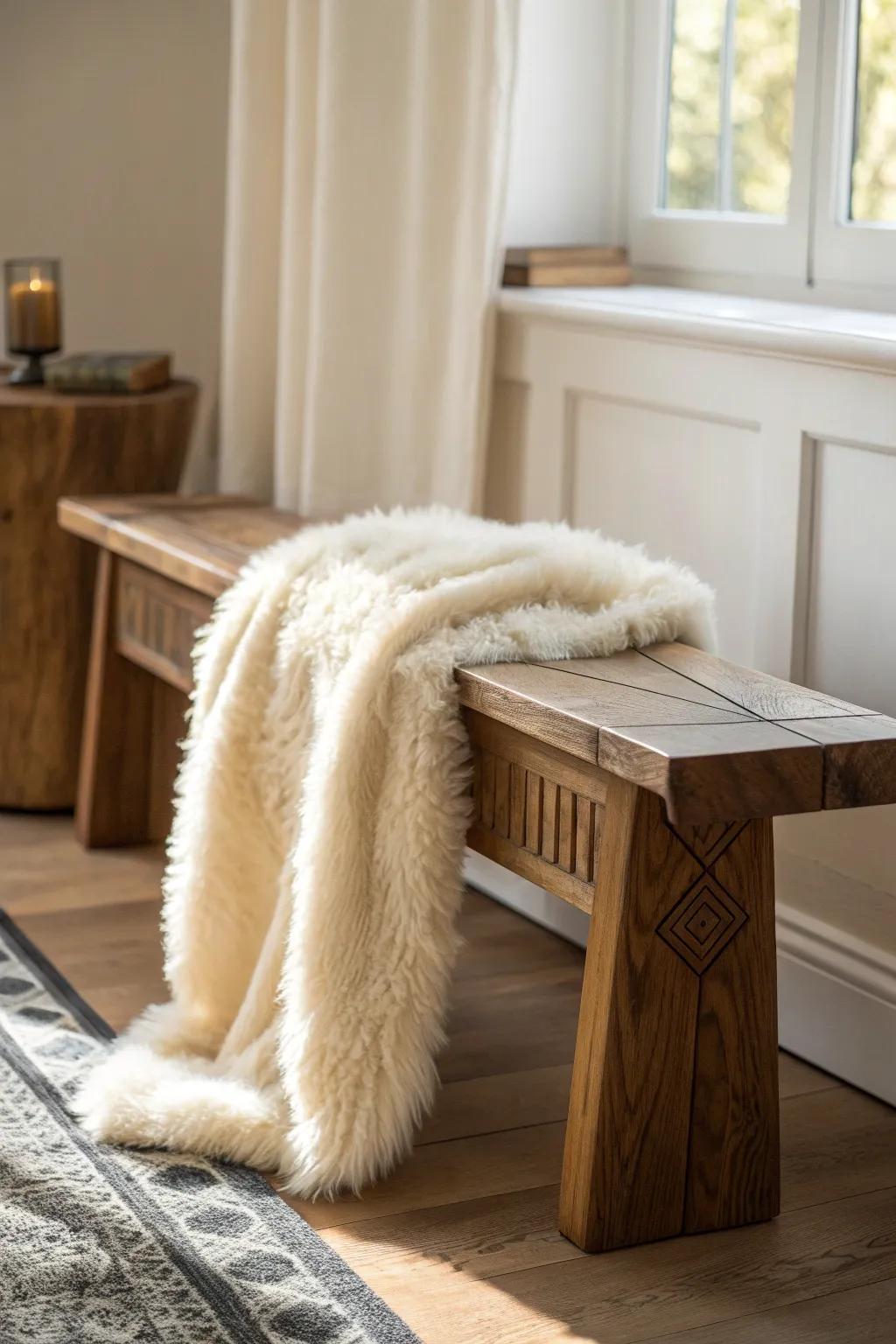 Faux fur on a handcrafted oak bench—instant Viking cabin coziness in a minimalist room.