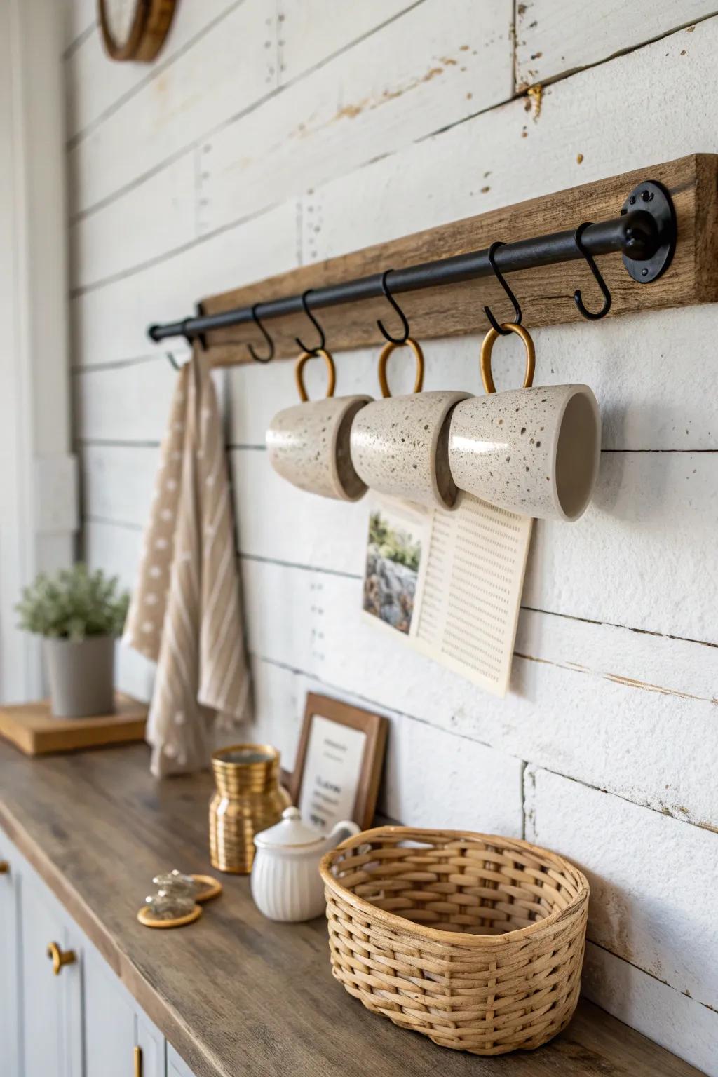 Vintage coffee bar charm: a simple rail with S-hooks keeps mugs and tools beautifully within reach.