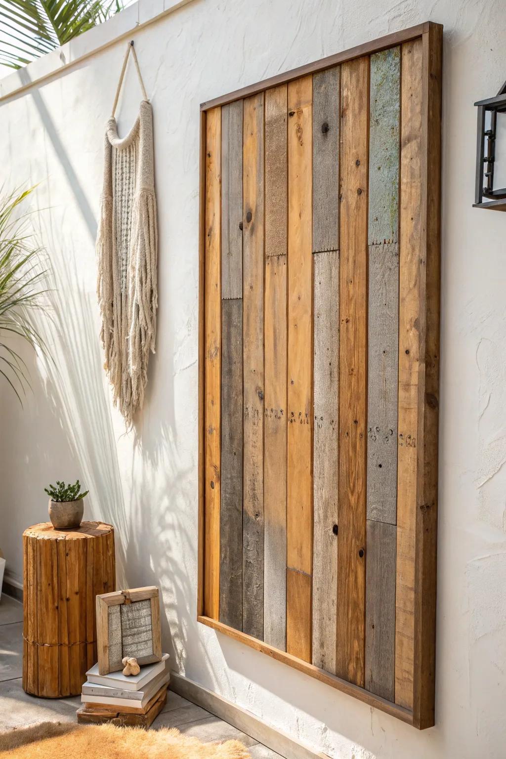 Salvaged wood feature wall charm—weathered boards and nail holes for instant café atmosphere.