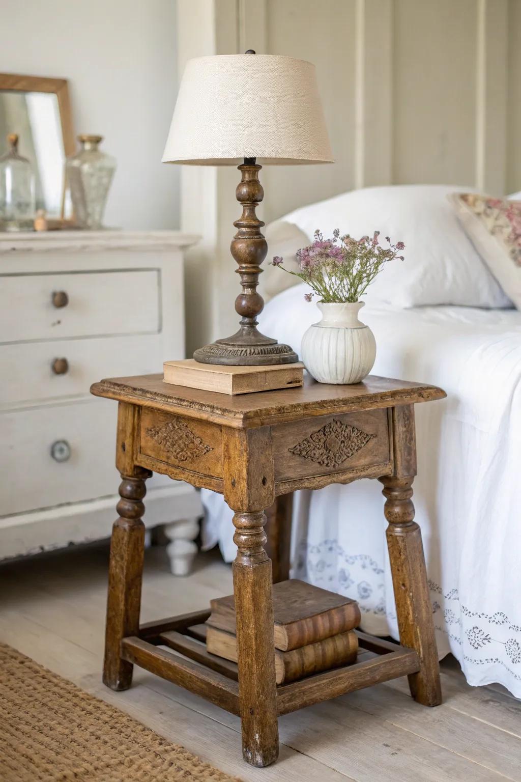 Collected, not staged—one vintage wooden stool nightstand adds cottage charm at bedtime.