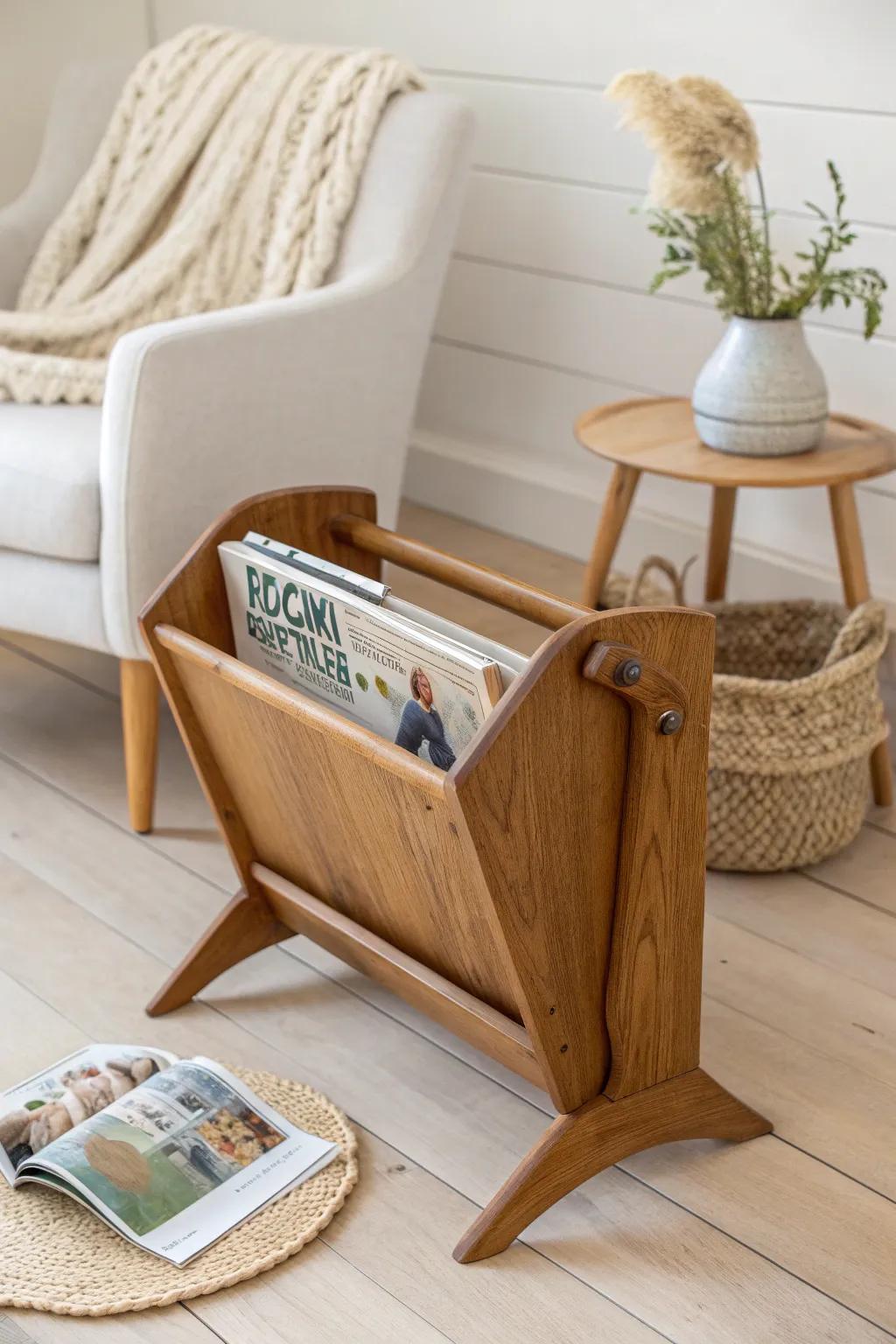 A vintage wooden magazine rack that keeps your cozy chairside reading nook beautifully tidy.