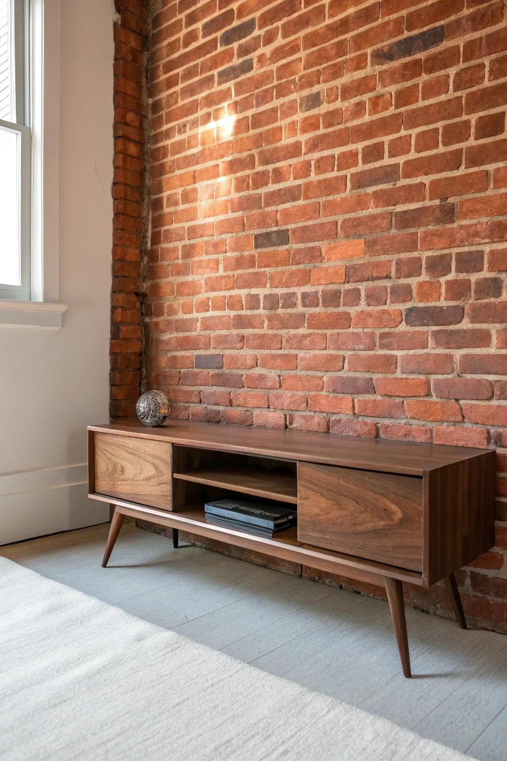 Dark walnut craftsmanship pops against warm brick—an easy vintage loft upgrade.