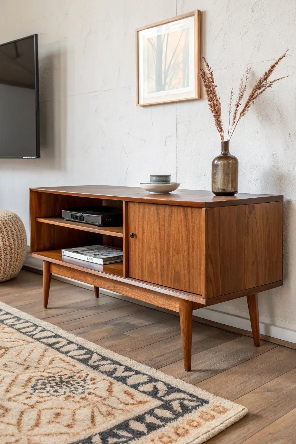 Mid-century tapered-leg TV stand in warm satin walnut—simple lines, airy retro elegance.