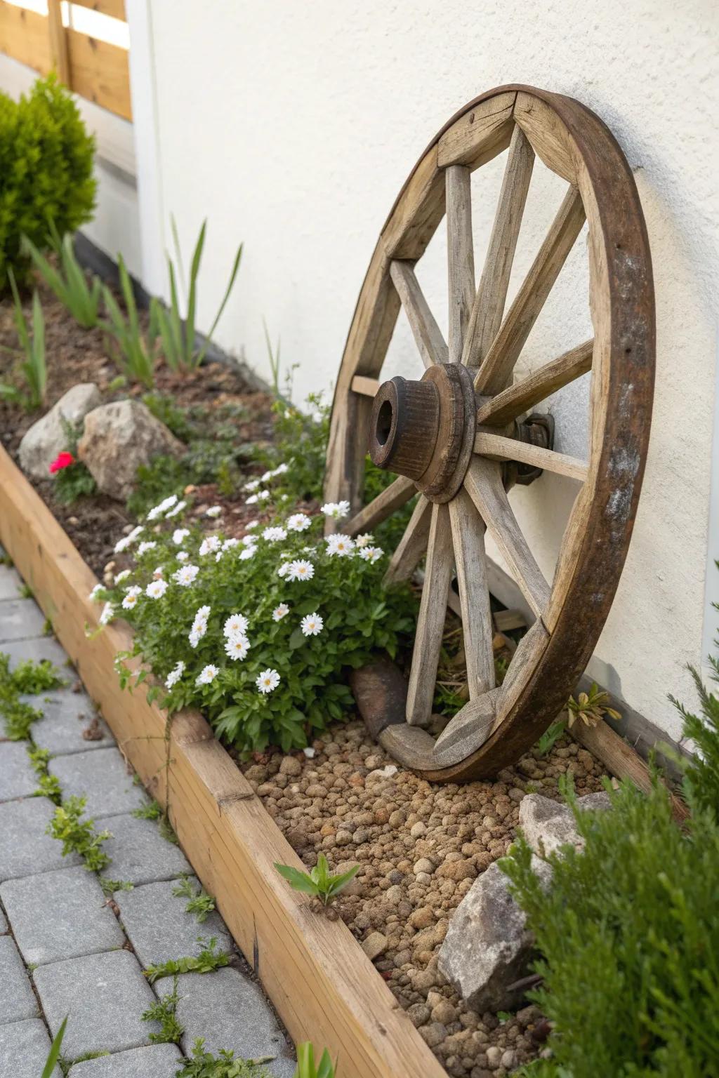 Cottage garden charm: a wagon wheel border angled in gravel for a timeless, sturdy edge.