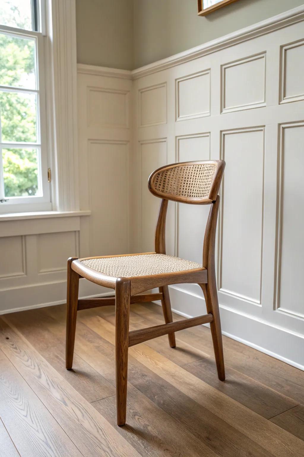 High wainscoting + a single crafted chair: the simplest way to make dining rooms feel grand.