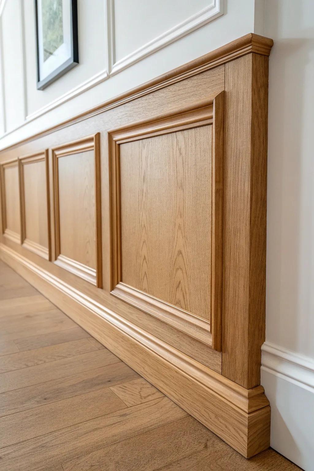 Picture-frame molding faux wainscoting—slim oak trim brings classic charm to small rooms.