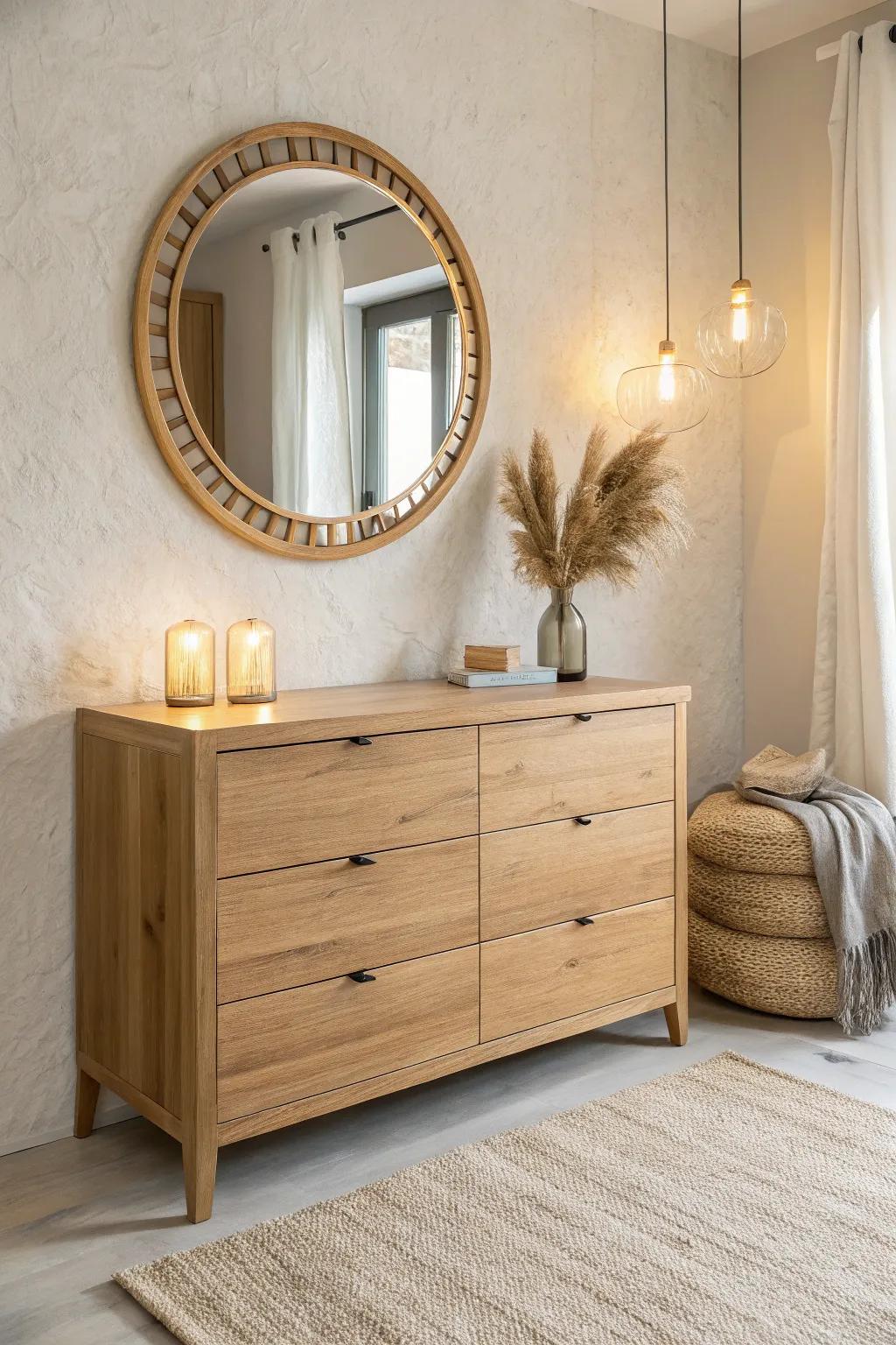 A minimalist oak dresser vanity with round mirror and warm lighting—your last-look spot.