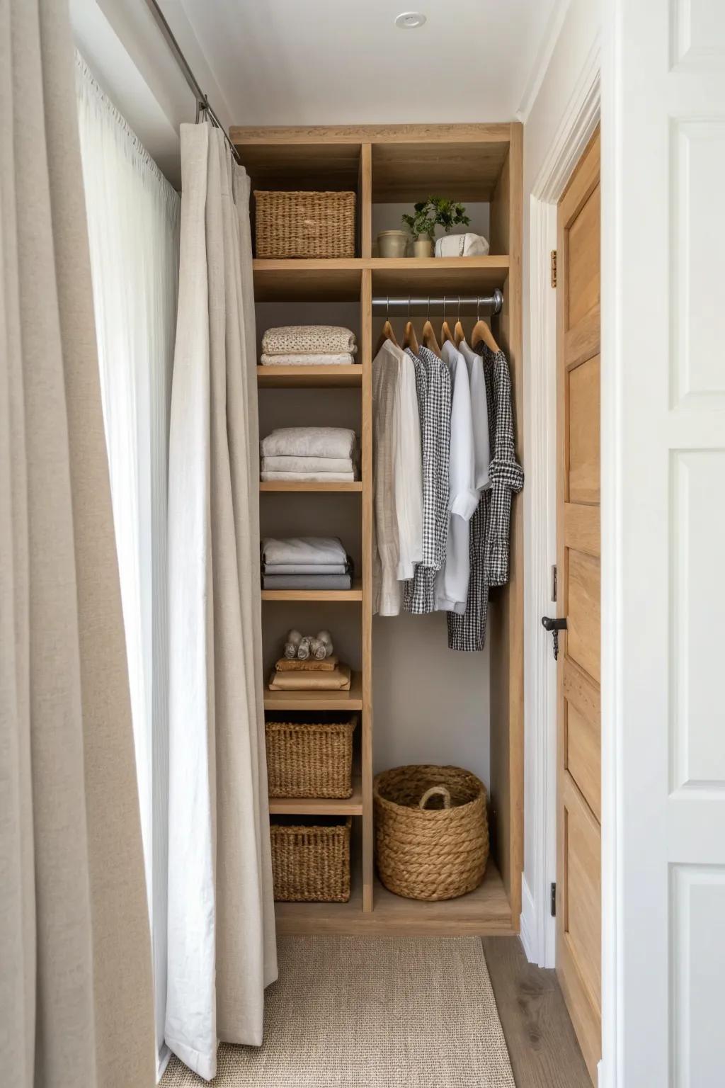 Shallow oak shelves keep tight walk-through closets airy—storage without shoulder bumps.