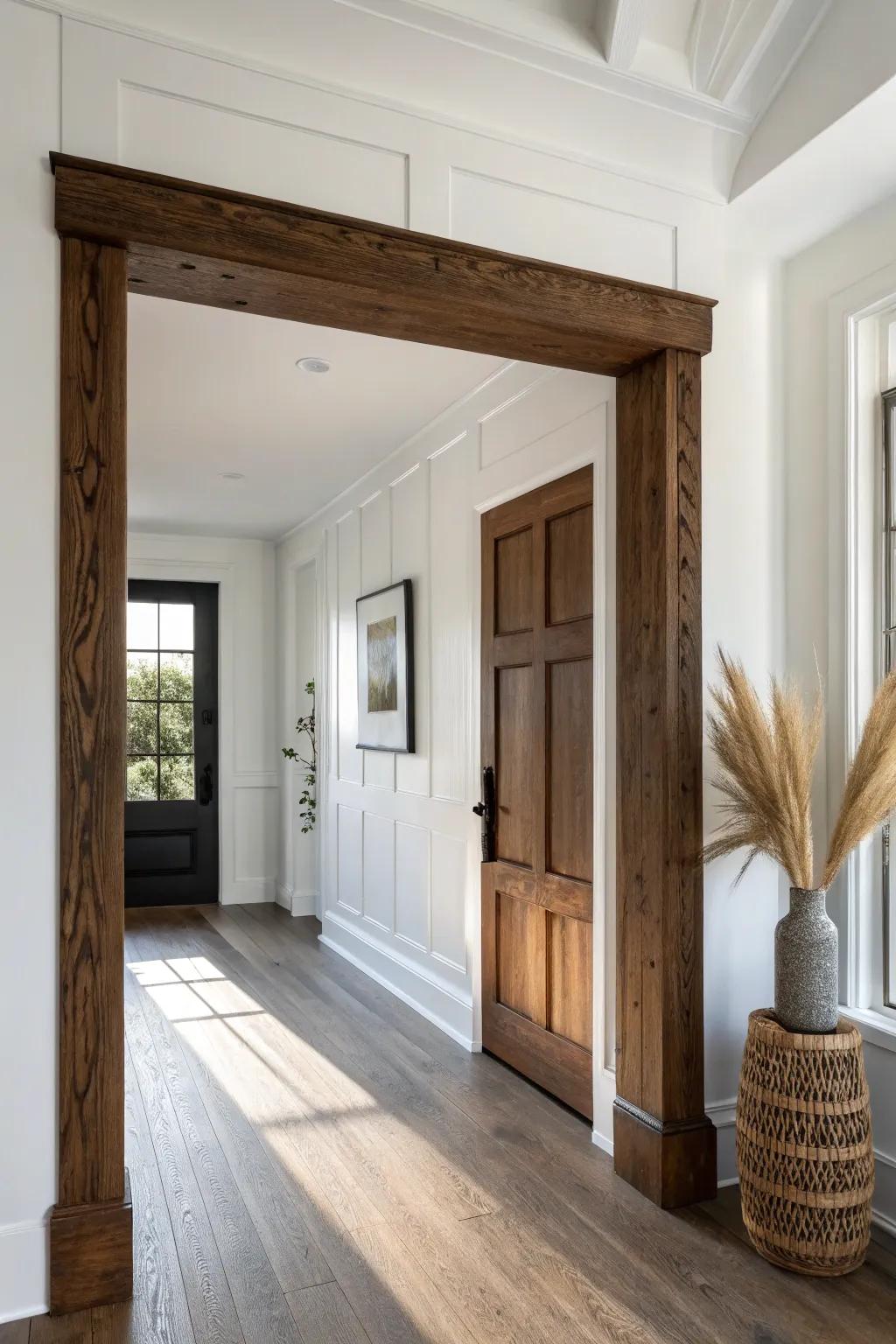 A single chunky wood beam header transforms a simple entryway into a warm, timeless portal.