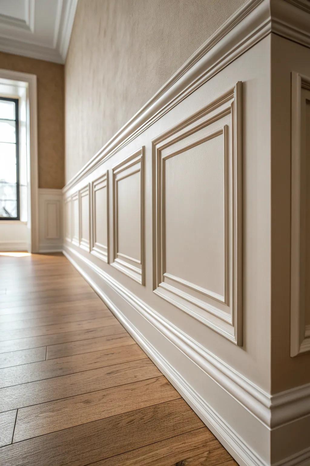 Tone-on-tone tall panel molding above a chair rail for a clean, modern “fancy” look.