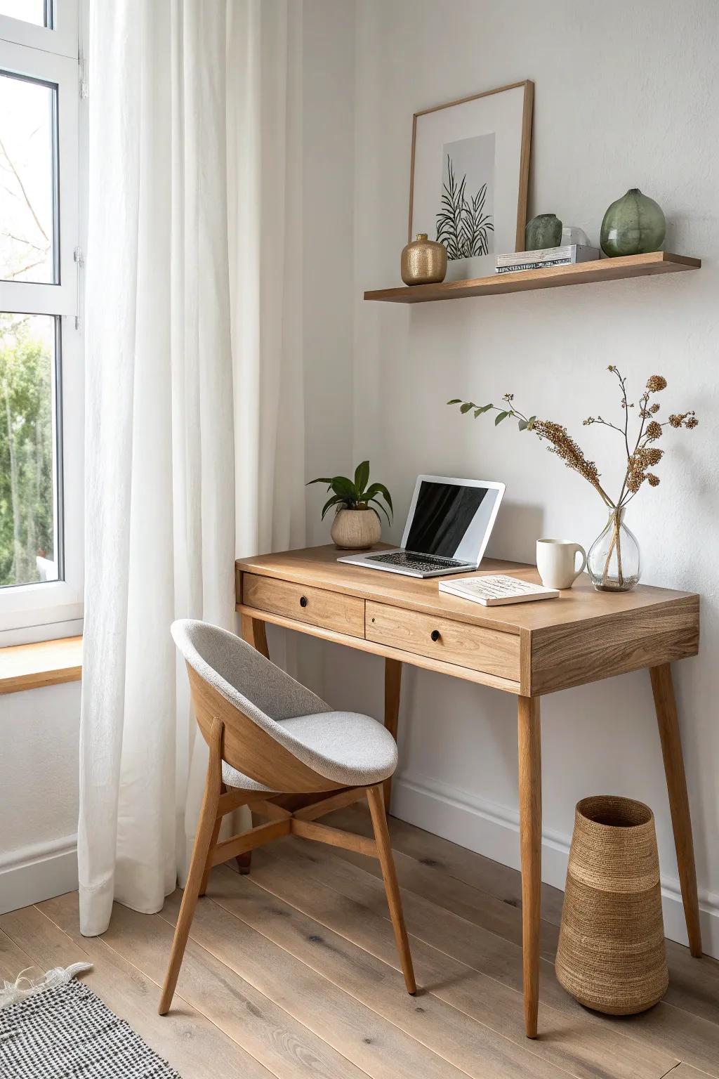 A snug rounded corner wall desk ledge—floating oak craftsmanship for tiny rooms.