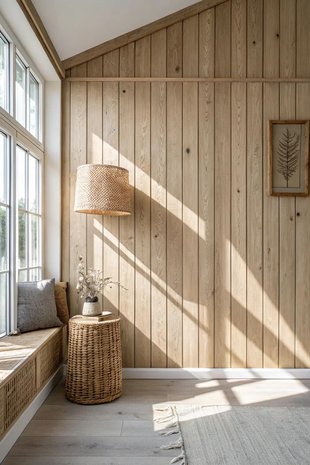 Vertical wall laminate planks draw the eye up—an easy way to make ceilings feel higher.