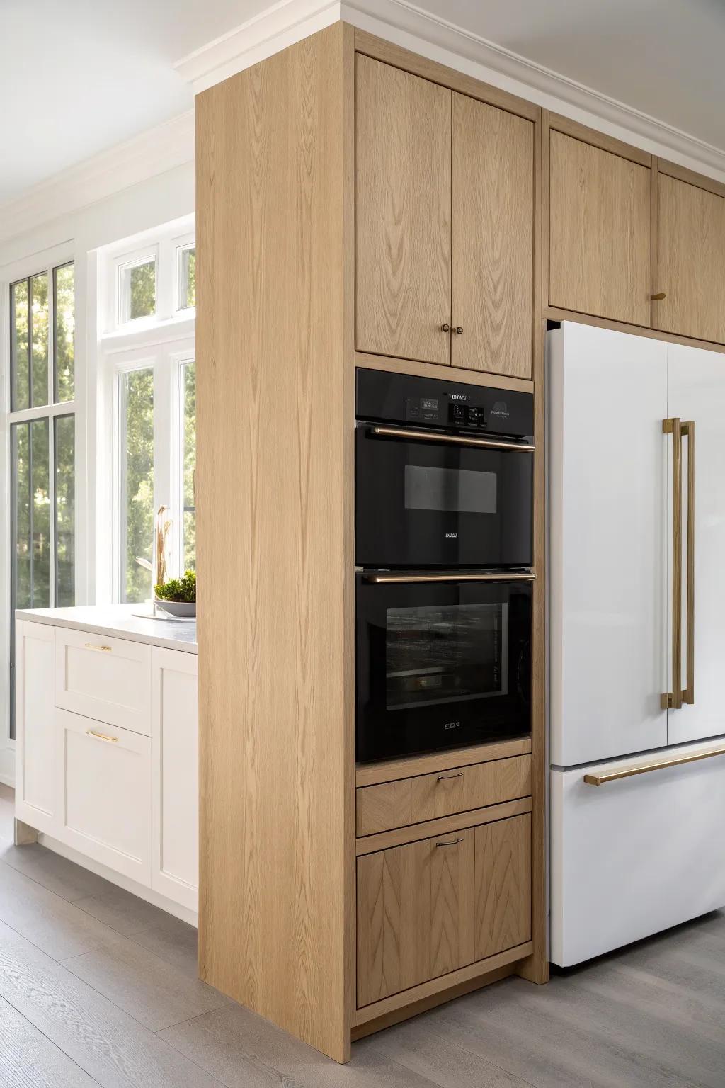 Pair a wall oven cabinet with the fridge for balanced depth—test door swings with painter’s tape.