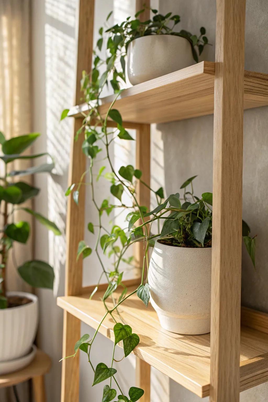 Soften a boxy wall unit with one trailing plant—instant movement and natural warmth.