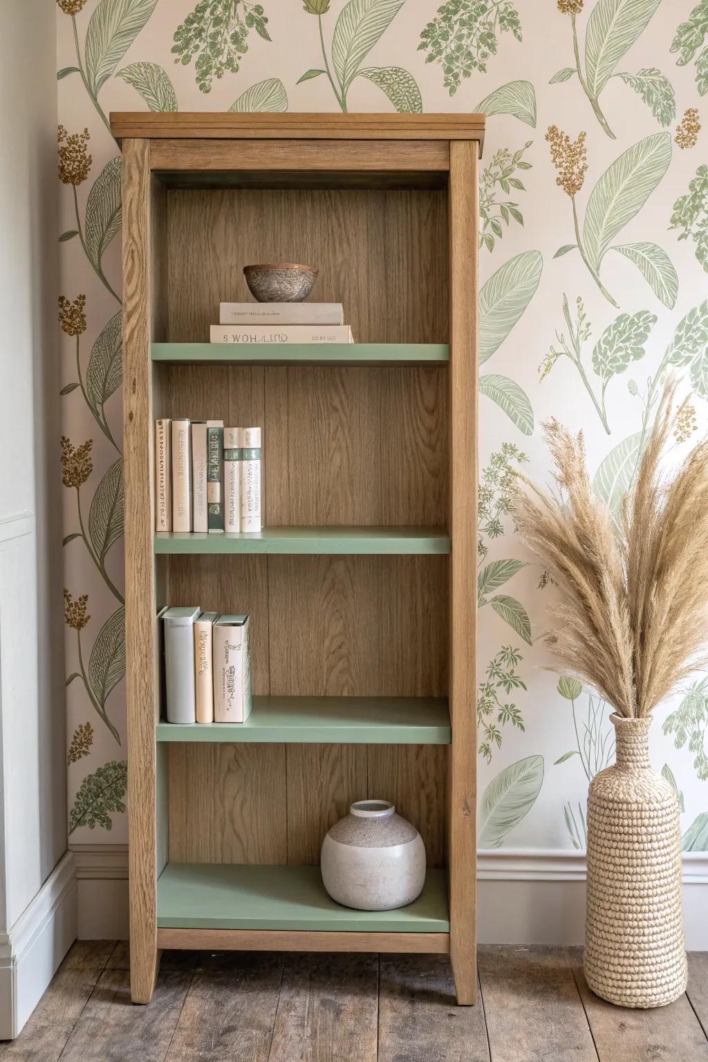 Sage-on-sage magic: paint shelves to match your wallpaper for a custom built-in look.