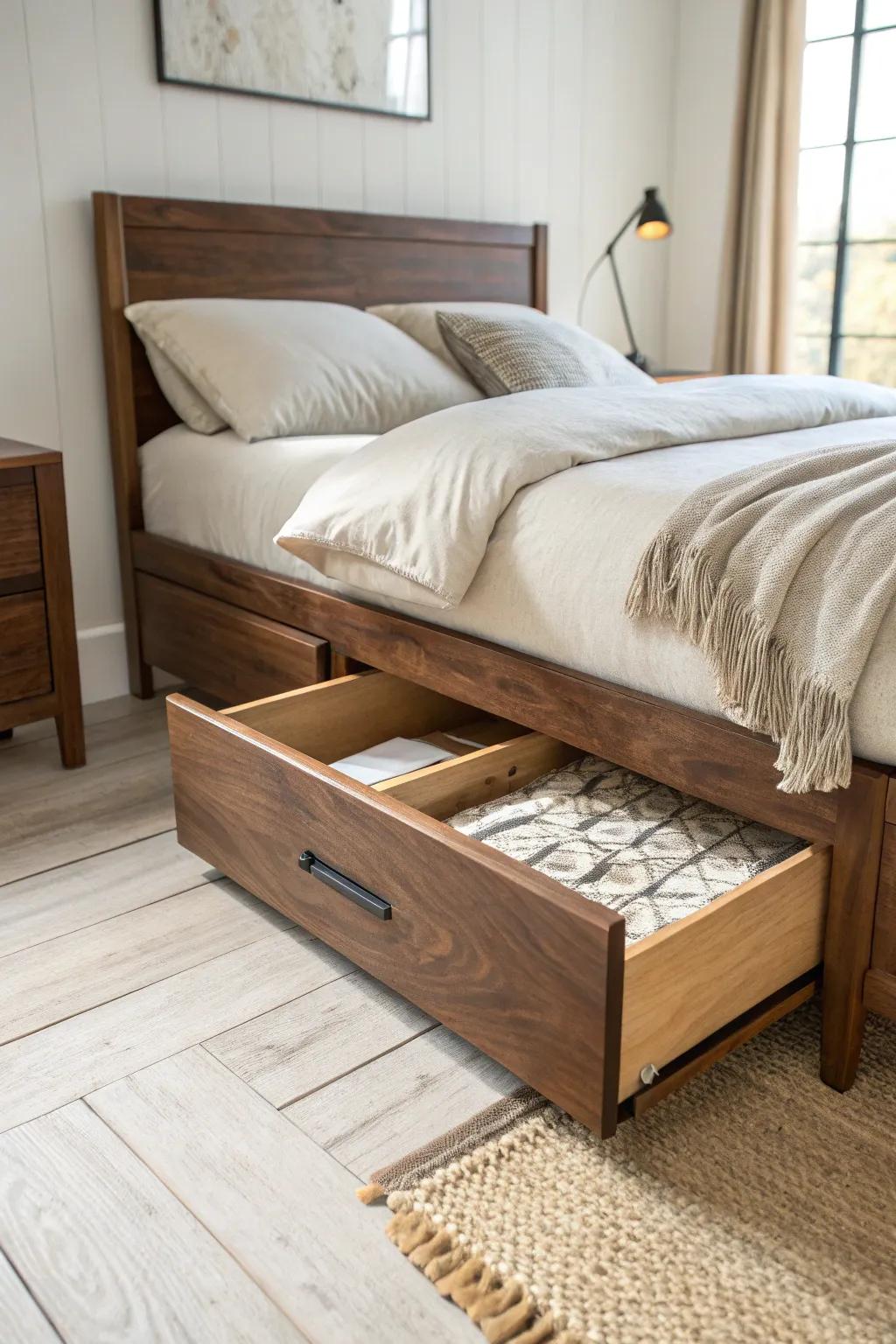 Sleek walnut bed, hidden drawer storage—beautiful grain, calm lines, zero bedroom clutter.