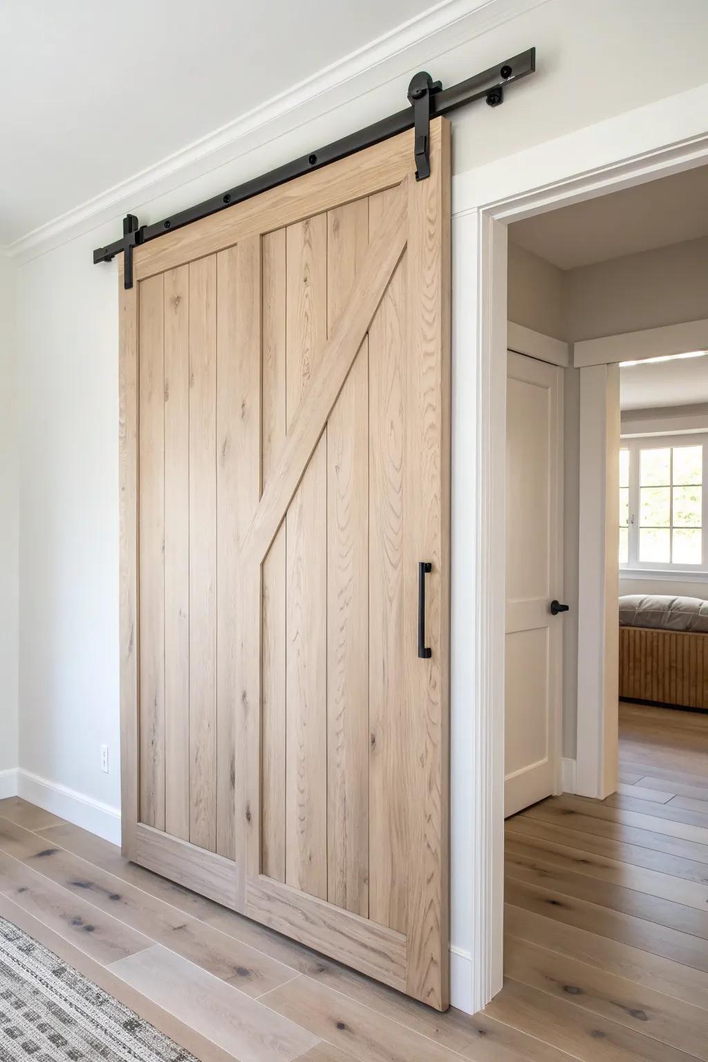 Space-saving sliding barn-style wardrobe door in light oak with matte black track—smooth & chic.