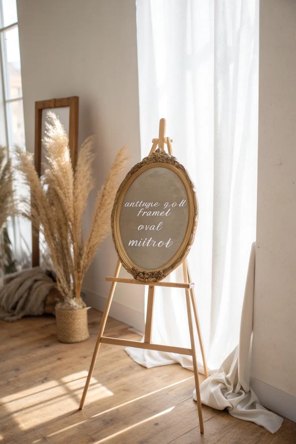 Vintage mirror welcome sign on a handcrafted oak easel—timeless charm with soft, modern glow.