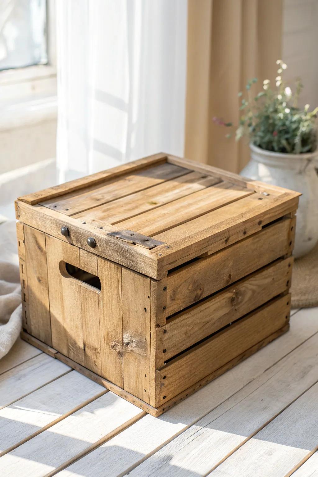 A reclaimed-wood keepsake crate—nail holes, rich grain, ready to hold your wedding story.