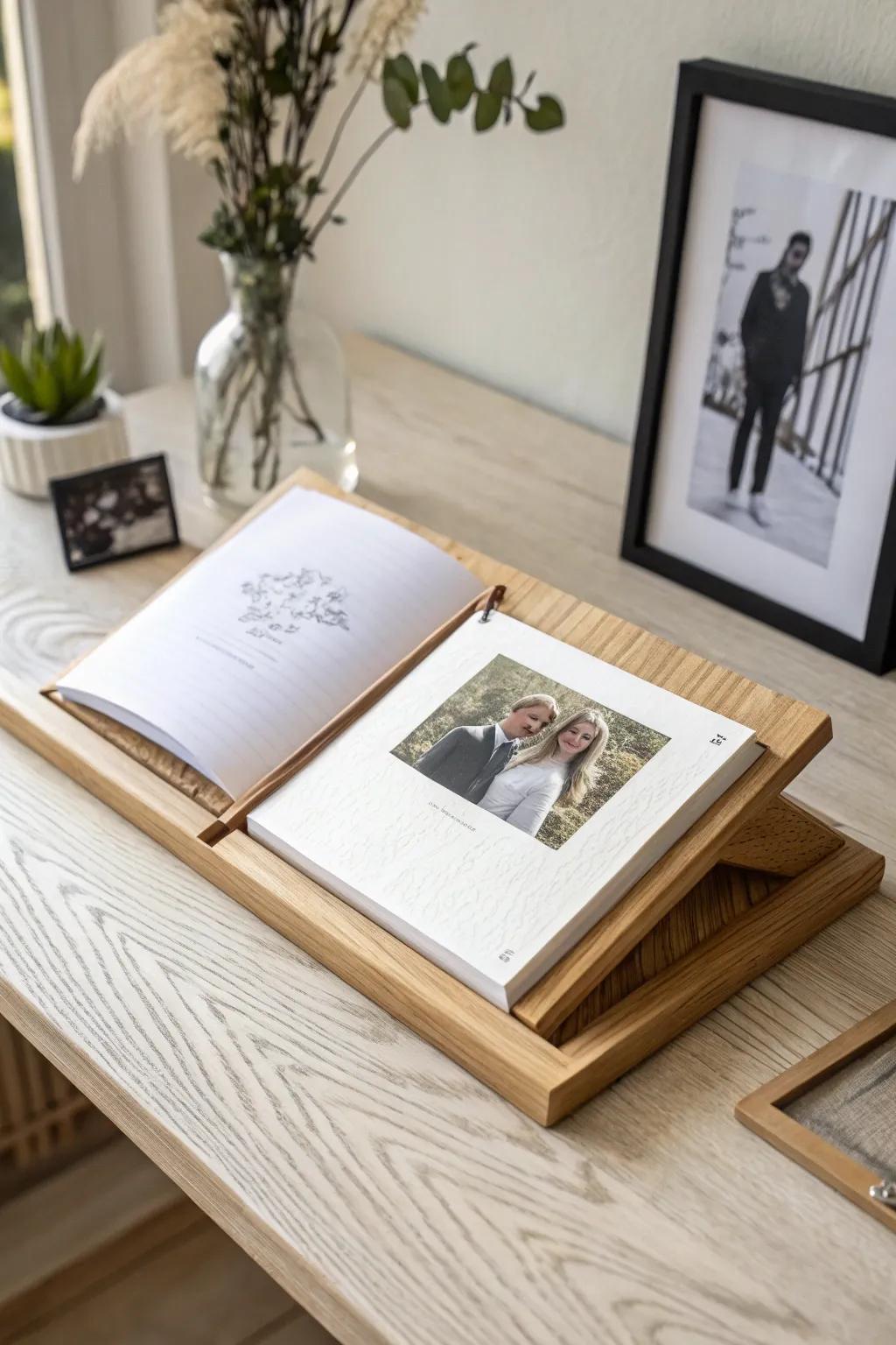 Handmade oak guest-book stand with photo ledge—simple, warm, and perfect for thoughtful notes.
