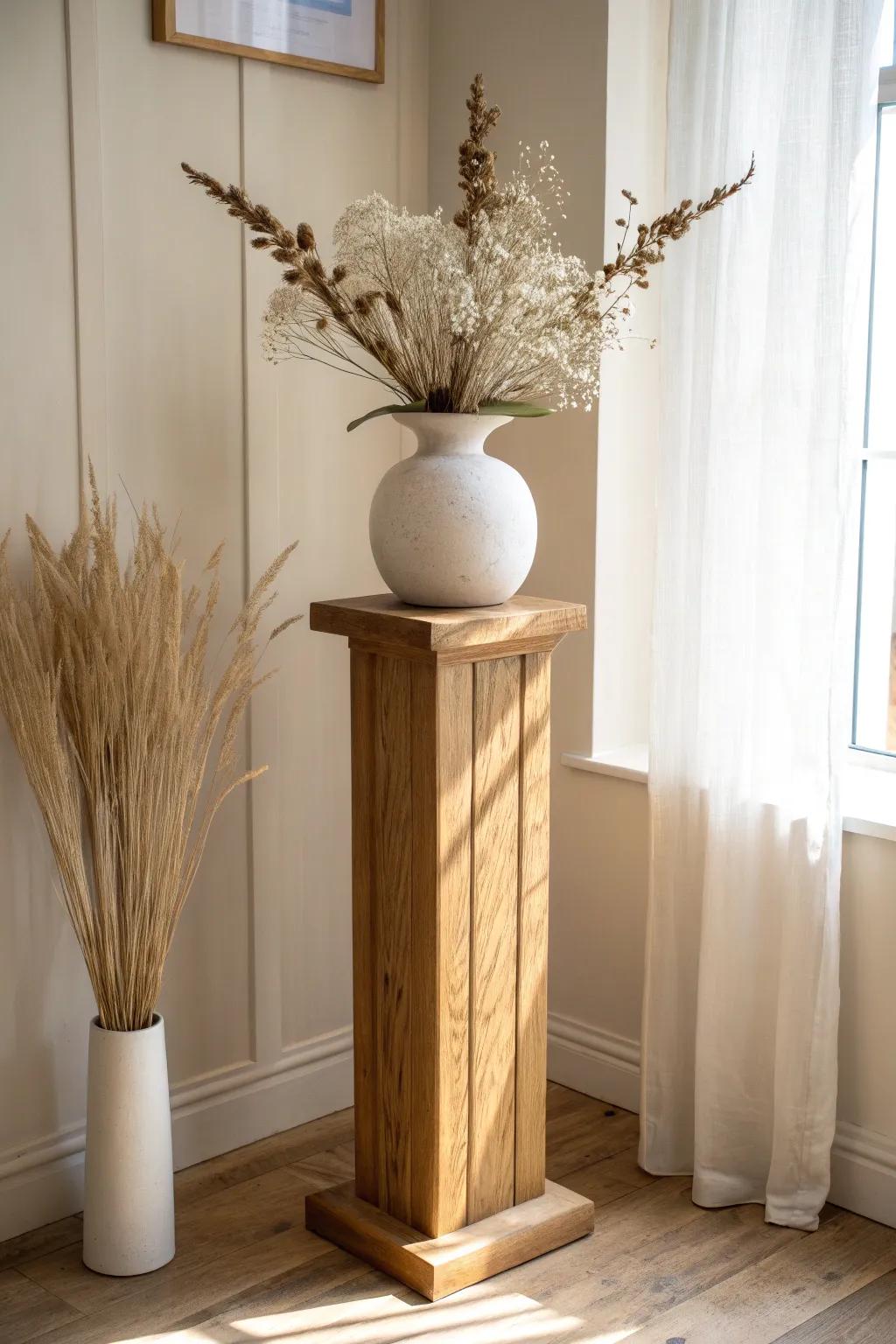 Timeless wedding pillar styling: a tall wood pedestal topped with an urn and airy blooms.