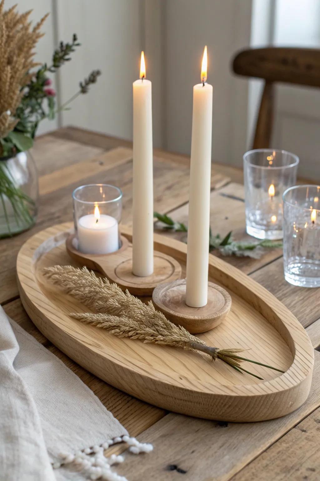 Mix taper and votive candle heights for a soft, layered glow on a raw wood wedding table.