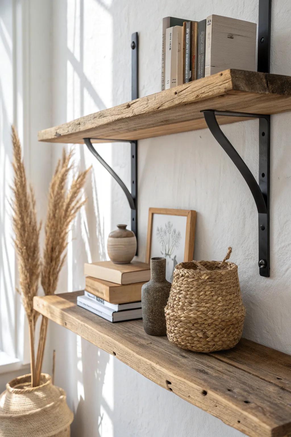 Rough oak and matte black metal open shelving—tack-room charm with clean Scandinavian calm.