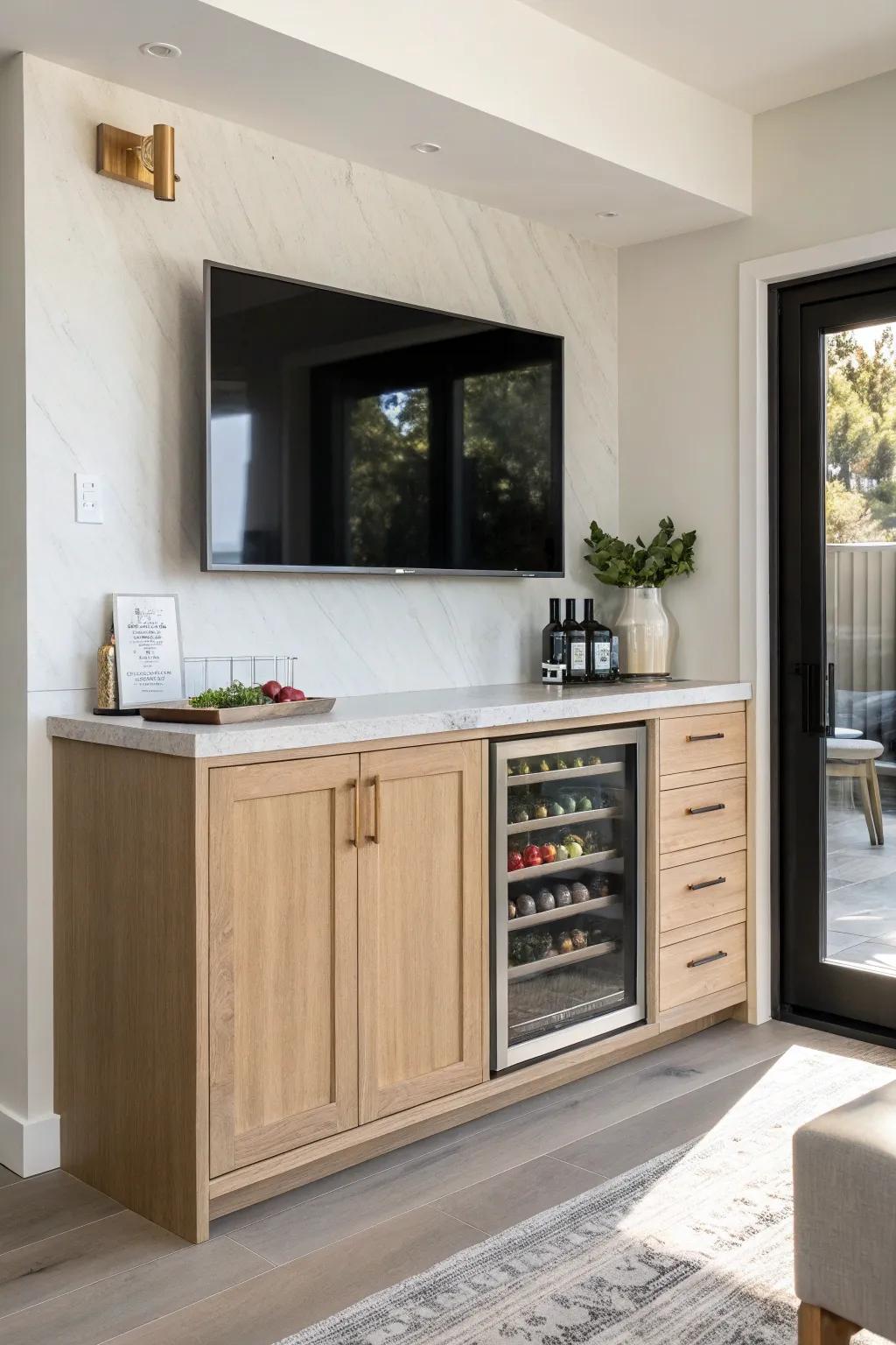 A built-in beverage fridge under the TV keeps the wet bar sleek, clear, and always ready.
